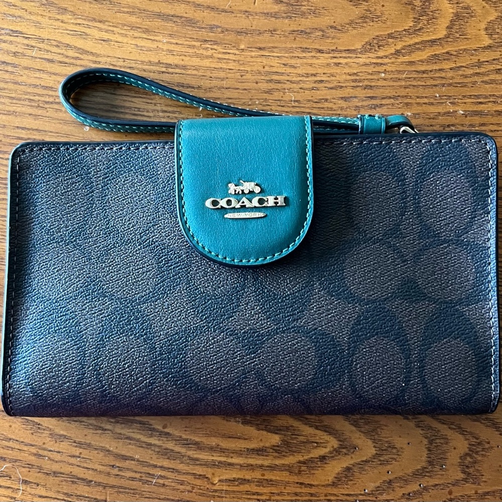 Coach Black and Teal Wristlet Clutch